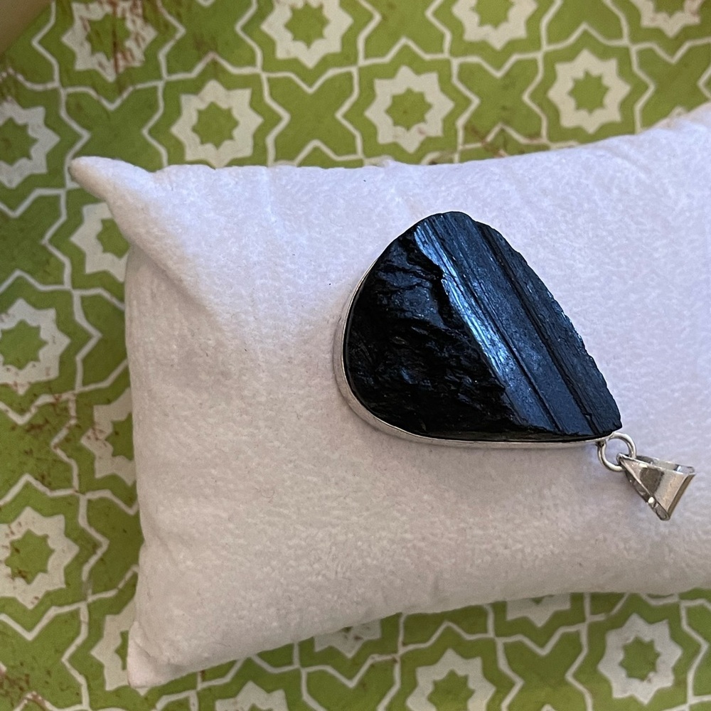 Natural Black Tourmaline Rough Teardrop 925 Silver Plated Pendant – Brand New - Picture 2 of 7